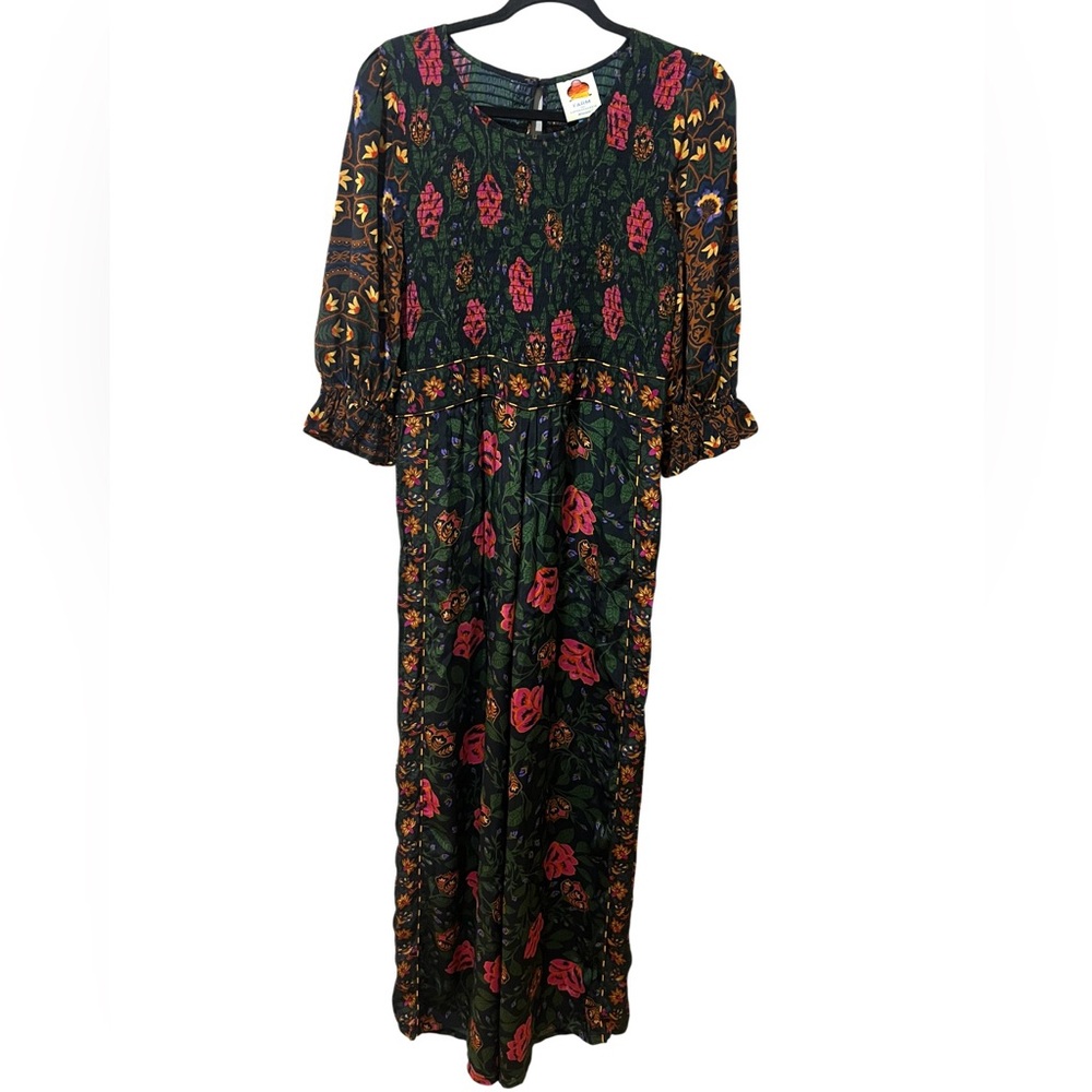Farm Rio Jumpsuit Smoked Wide Leg 3/4 Sleeve Vibrant Florals Holidays SZ L EUC - Picture 3 of 11